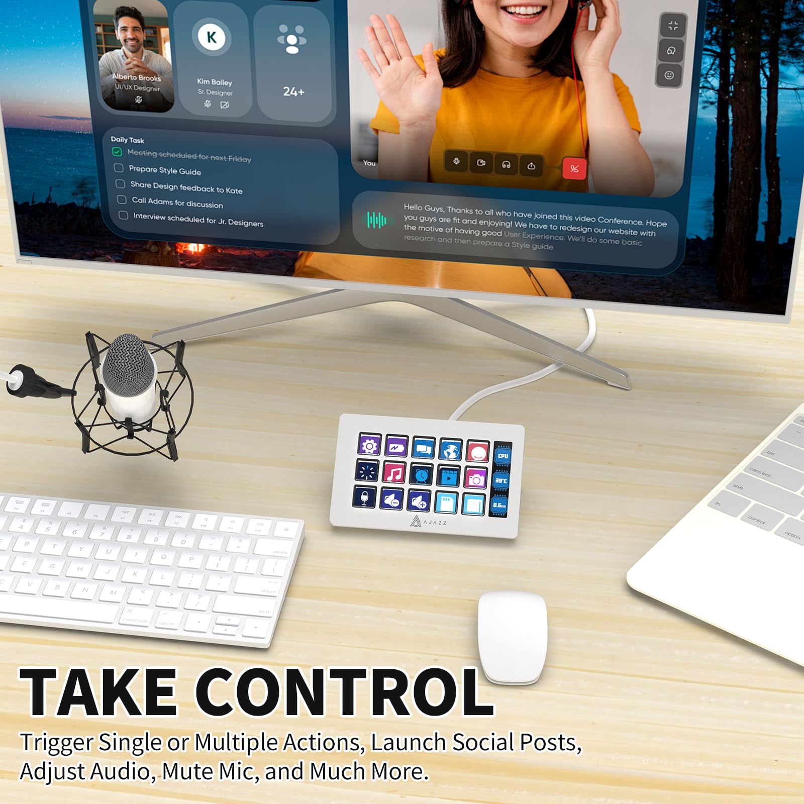 AJAZZ AKP153 Contrôleur de Stream, Studio Deck, 15 Touches Macro, Déclenchement d’actions dans les applications et les logiciels comme OBS, Twitch, ​YouTube et d’autres, avec Mac/PC, Blanc