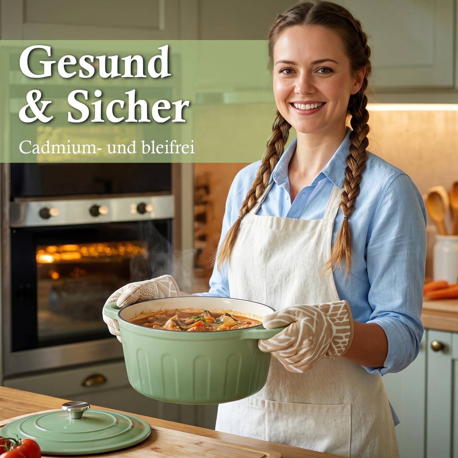 LZDMY Gusseisen Topf Brot Backen 6 Liter 26 CM, Backofenfest bis 300°C | Premium Schmortopf für Induktion, Bräter aus Gusseisen Ideal zum Brot Backen & Schmoren, Brotbacktopf mit Deckel Grün 5,3 KG