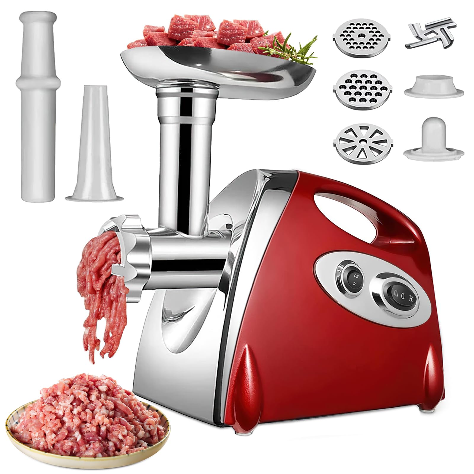 Hachoir Viandes Électrique, 2800W Hachoir Électrique, 3 en 1 Hachoir à Viande Acier Inoxydable avec 3 plaques de Broyage en Acier Inoxydable et Kubbe, Hachoir a Viande pour Légumes Saucisses (Rouge)