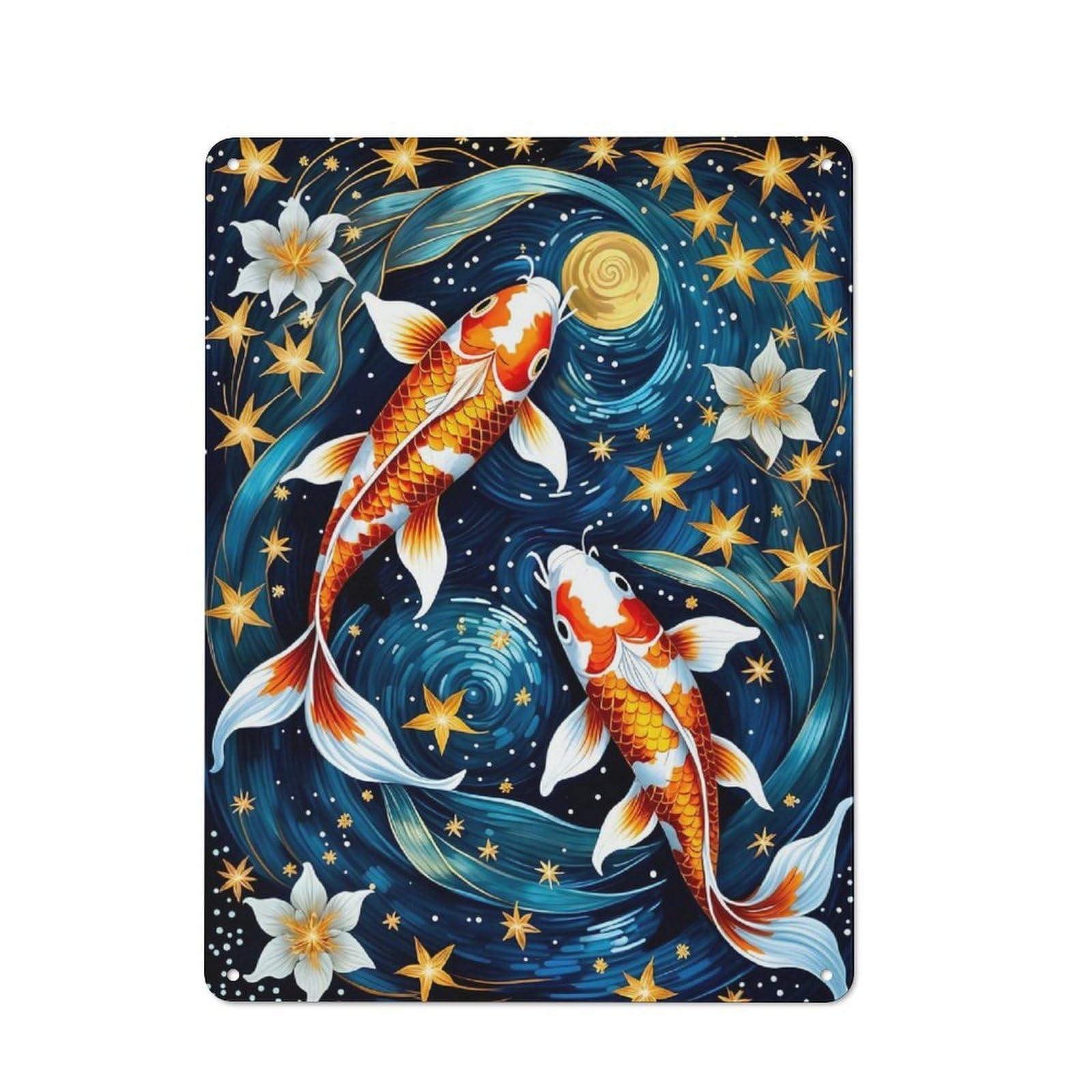 Junmoney Koi Fish Starry Night For Living Room Or Hallway, Rustic Metal Sign 40X30cm, For Home Interiors, Feature Walls And Decorative Displays
