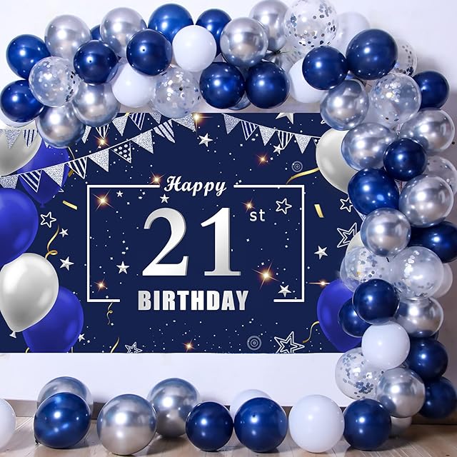 21st Birthday Decorations for Him Her 21st Happy Birthday Decorations for Men Boys Navy Blue and Silver White Happy 21 Birthday Banner Backdrop Birthday Balloons for Girls 21st Bday Party Supplies