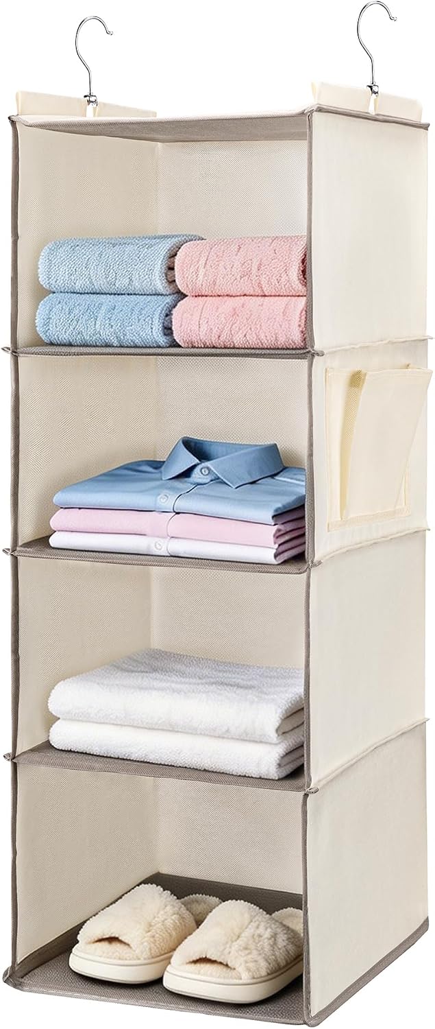 Hanging Closet Organizer and Shelves,4 Shelves with 1 Side Pockets (Beige) | Foldable, Grey Fabric, Modern Style, for Bedroom and Dorm Room