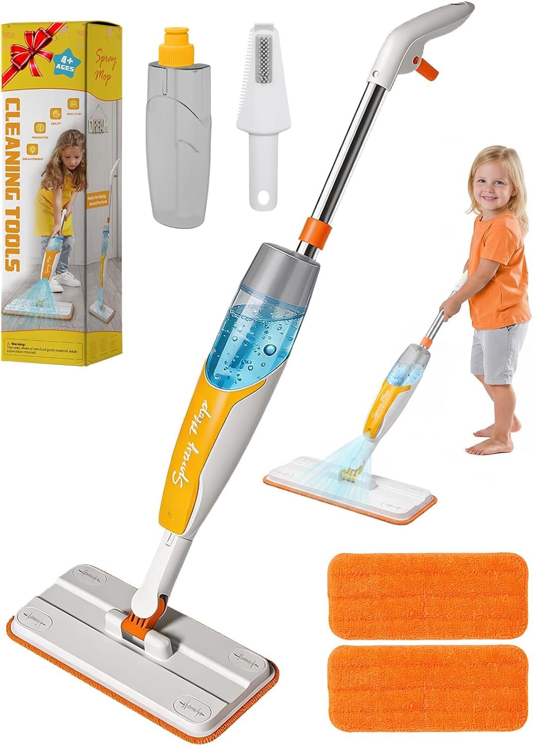 Kids Spray Mop Toy with Real Water Spray, Toddler Cleaning Set Ages 4+ | Includes 2 Washable Microfiber Pads & Scraper, Montessori Pretend Play, Indoor & Outdoor Cleaning Toys for Boys Girls