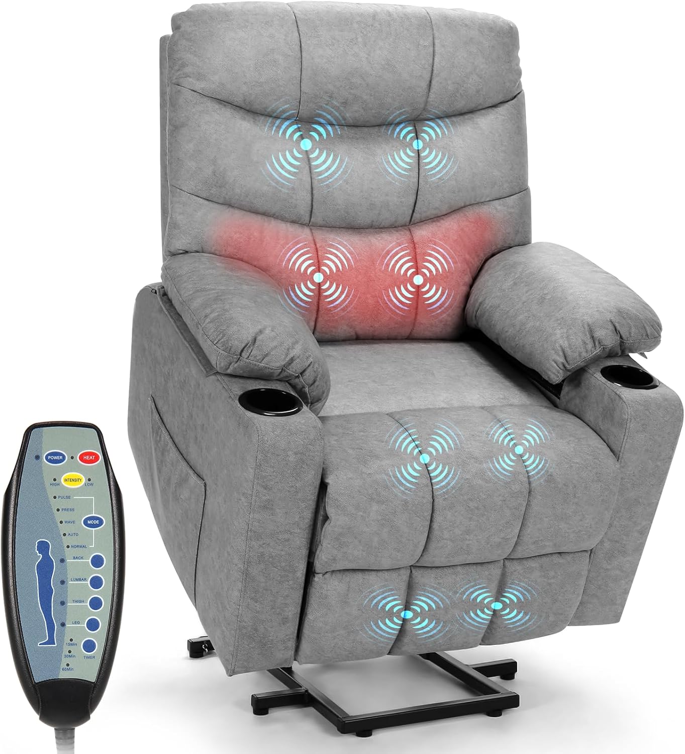 Power Lift Recliner Chair for Elderly with Heat & Massage, High-resilience Padding, Wide Back and Seat Reclining Sofa Chair with Cup Holders and Pockets, Easy Assembly and Operation (Light Gray)