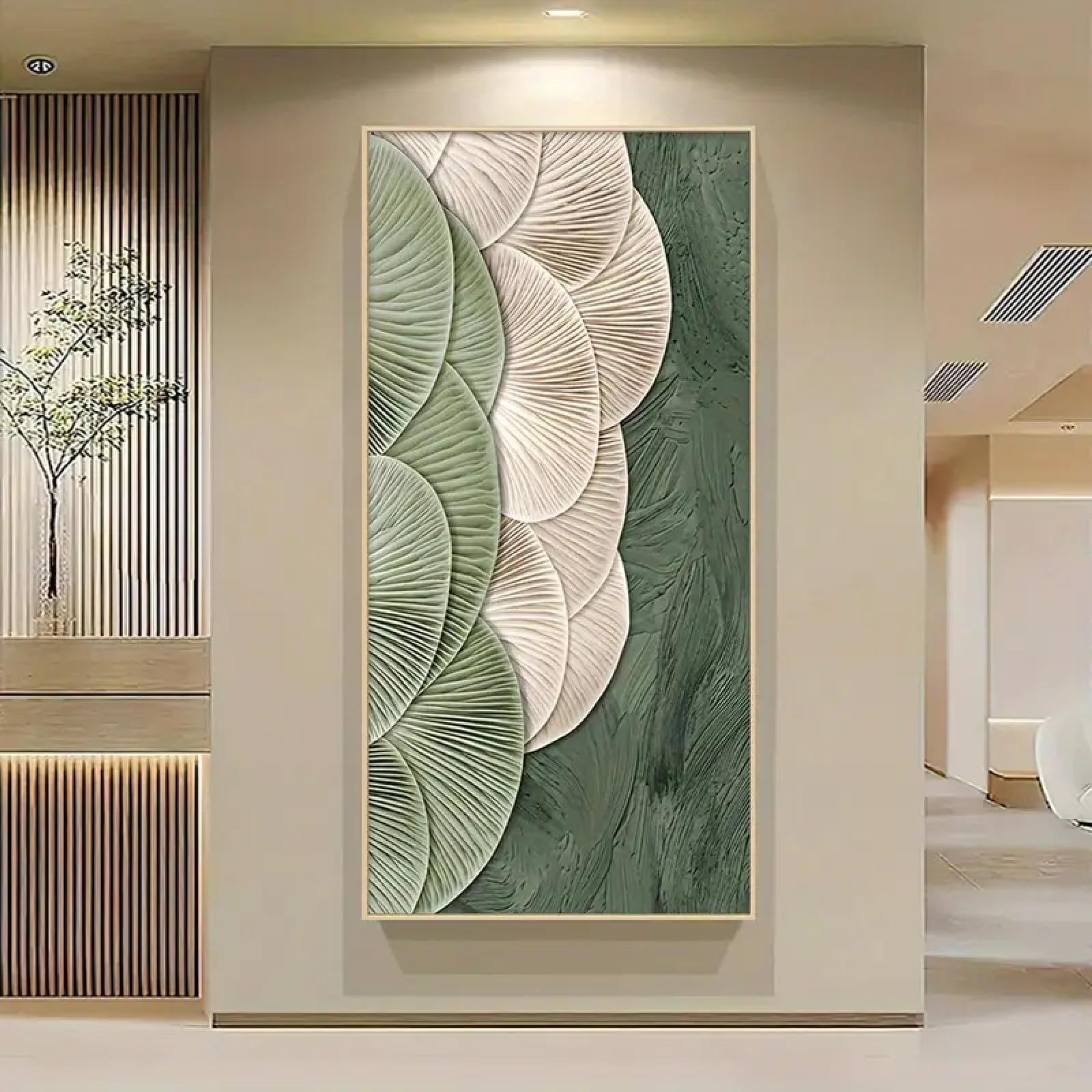 ZHAOLIN Modern Large Textured Canvas Wall Art, Green and Beige Leaf Design | Minimalist Decor for Living Room, Bedroom, or Office 50x100cm Frameless