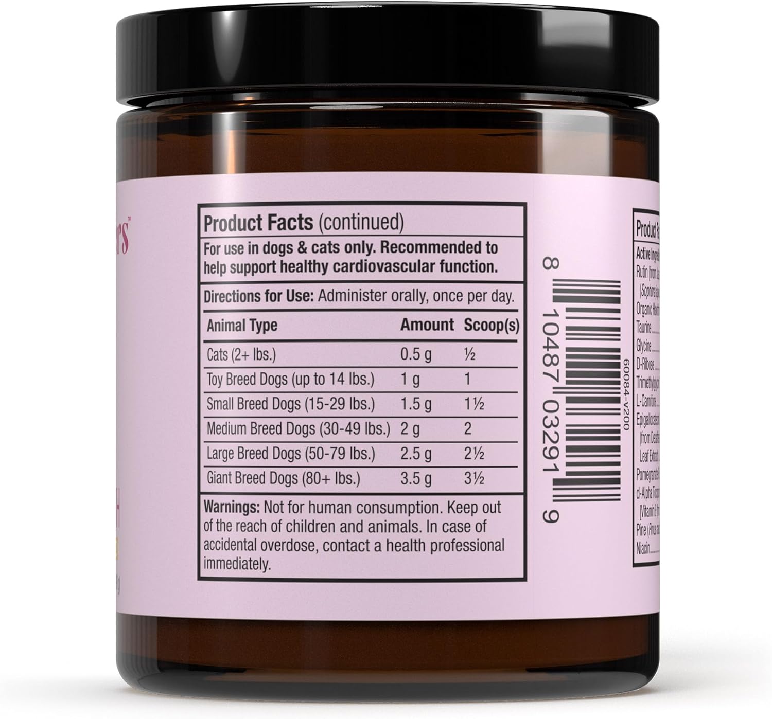 Bark & Whiskers Heart Health - Cardiovascular Support - Taurine - L-Carnitine - Organic Cheddar Base - for Dogs & Cats - 3.17 oz (90 Scoops)