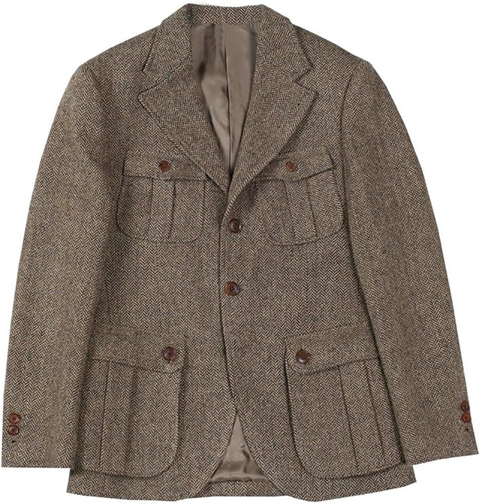 Men Vintage Herringbone Wool Blend Tweed Sports Jacket Coats Casual 4 Pockets Field Jacket Blazer Formal Prom Party