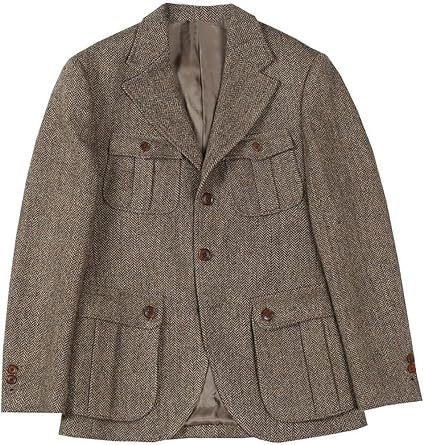 Men Vintage Herringbone Wool Blend Tweed Sports Jacket Coats Casual 4 Pockets Field Jacket Blazer Formal Prom Party Brown