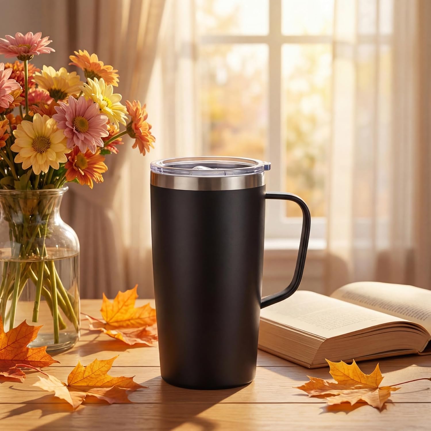 Trwcrt 19oz Insulated Coffee Mug with Handle, Double Wall Vacuum Stainless Steel Travel Coffee Tumbler, Black