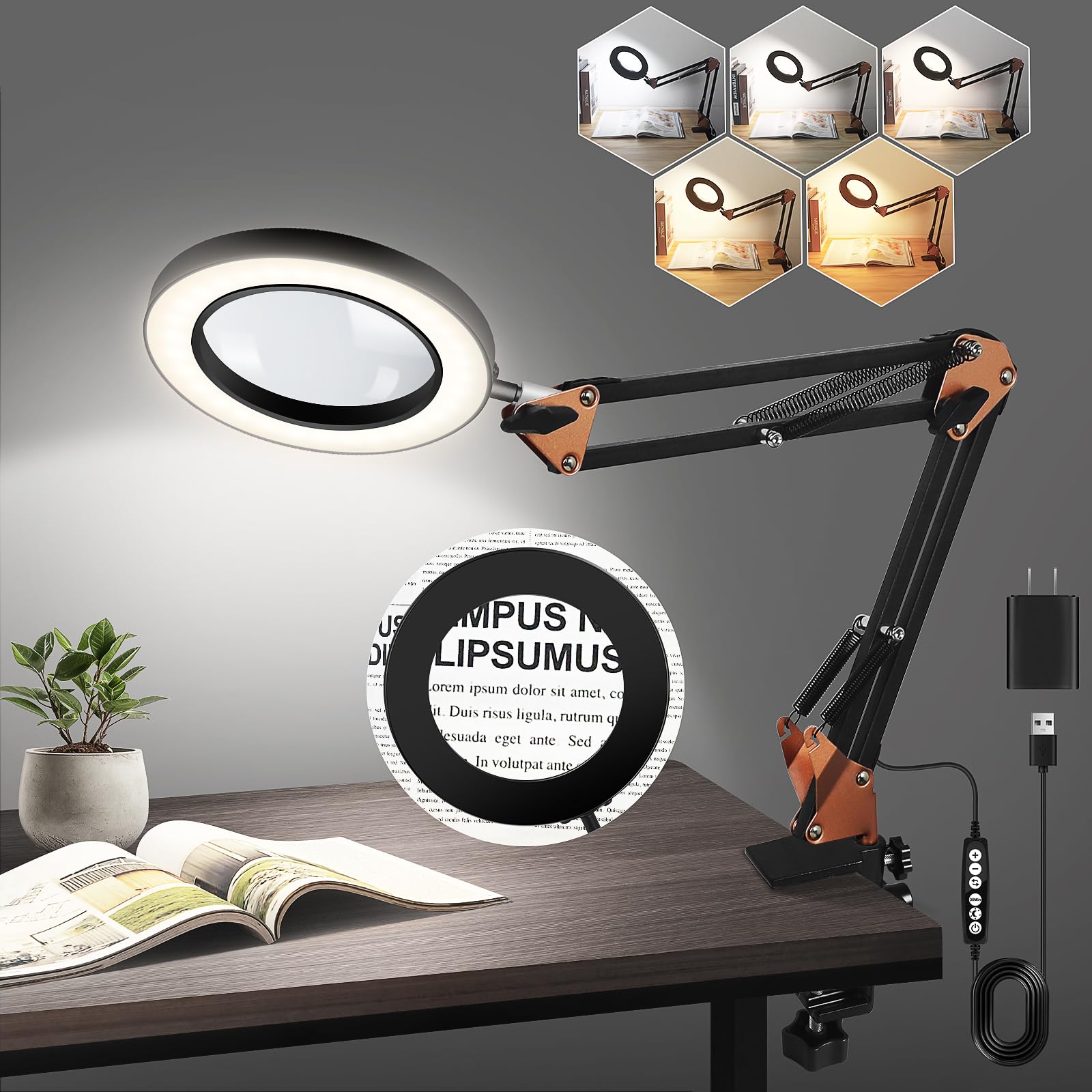 10X Magnifying Glass with Light and Clamp, 4.3'' Real Glass Lens LED Lighted Magnifier, 5 Color Modes Stepless Dimmable Adjustable Swing Arm Desk Lamp Hands Free for Crafts Reading Sewing Close Work