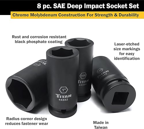 Miniatura 2 de Titan 44300 Juego de llaves de vaso de impacto profundo SAE de 8 piezas de 34"