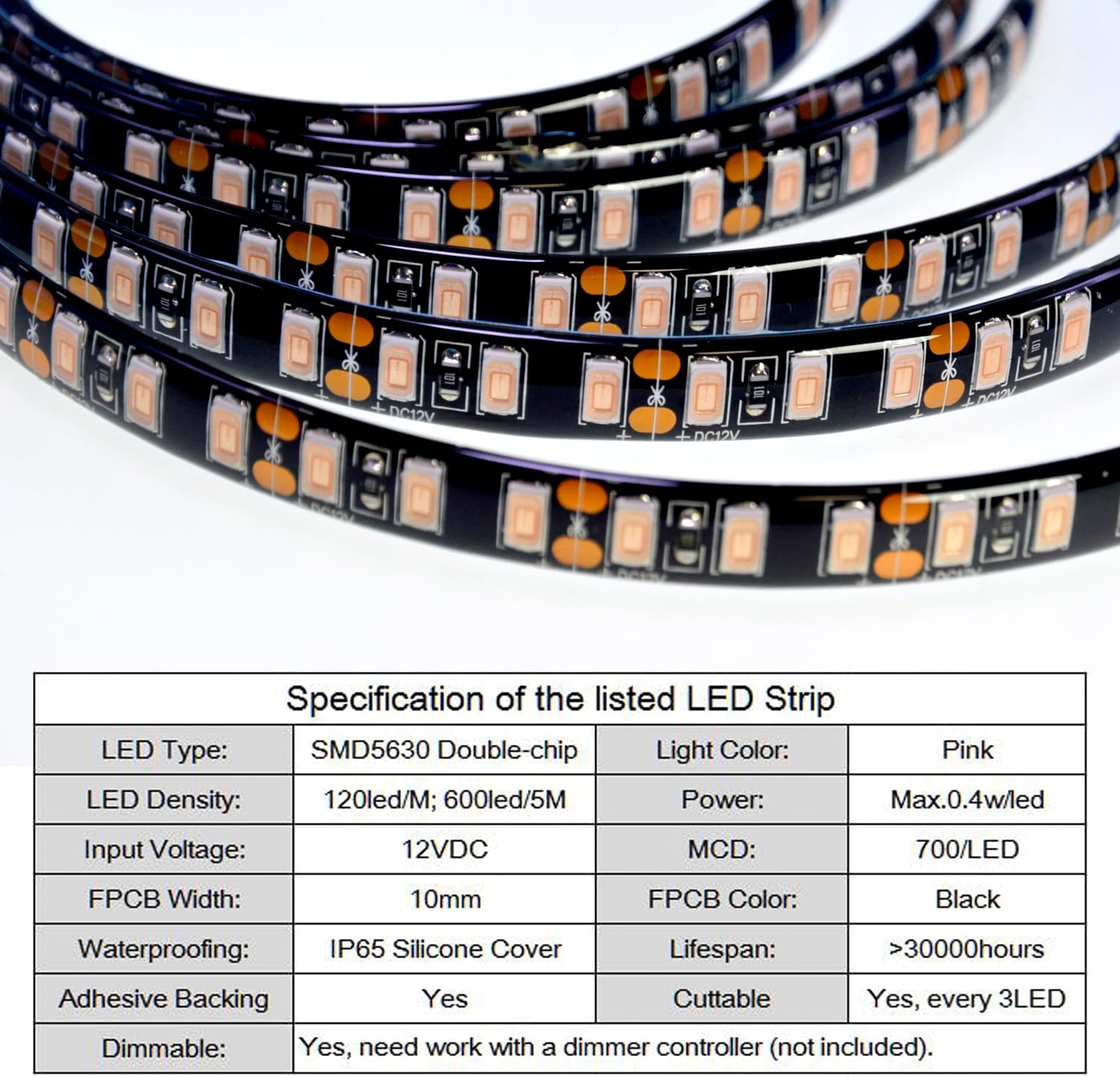 Super Bright Black PCB 12V SMD5630(0.4w) LED Strip Lights Without Power Supply, IP65 Waterproof, Pack of 16.4ft/5M (600LED-Pink)