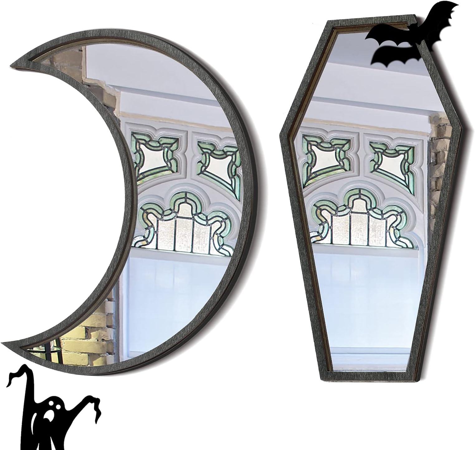 Marsui 2 Pieces Tiny Coffin Moon Mirror Cute Goth Room Decor Spooky Gothic Decorative Mirror Rustic Black Wall Decor Wall-Mounted for Halloween Indoor Decoration,6 Inches