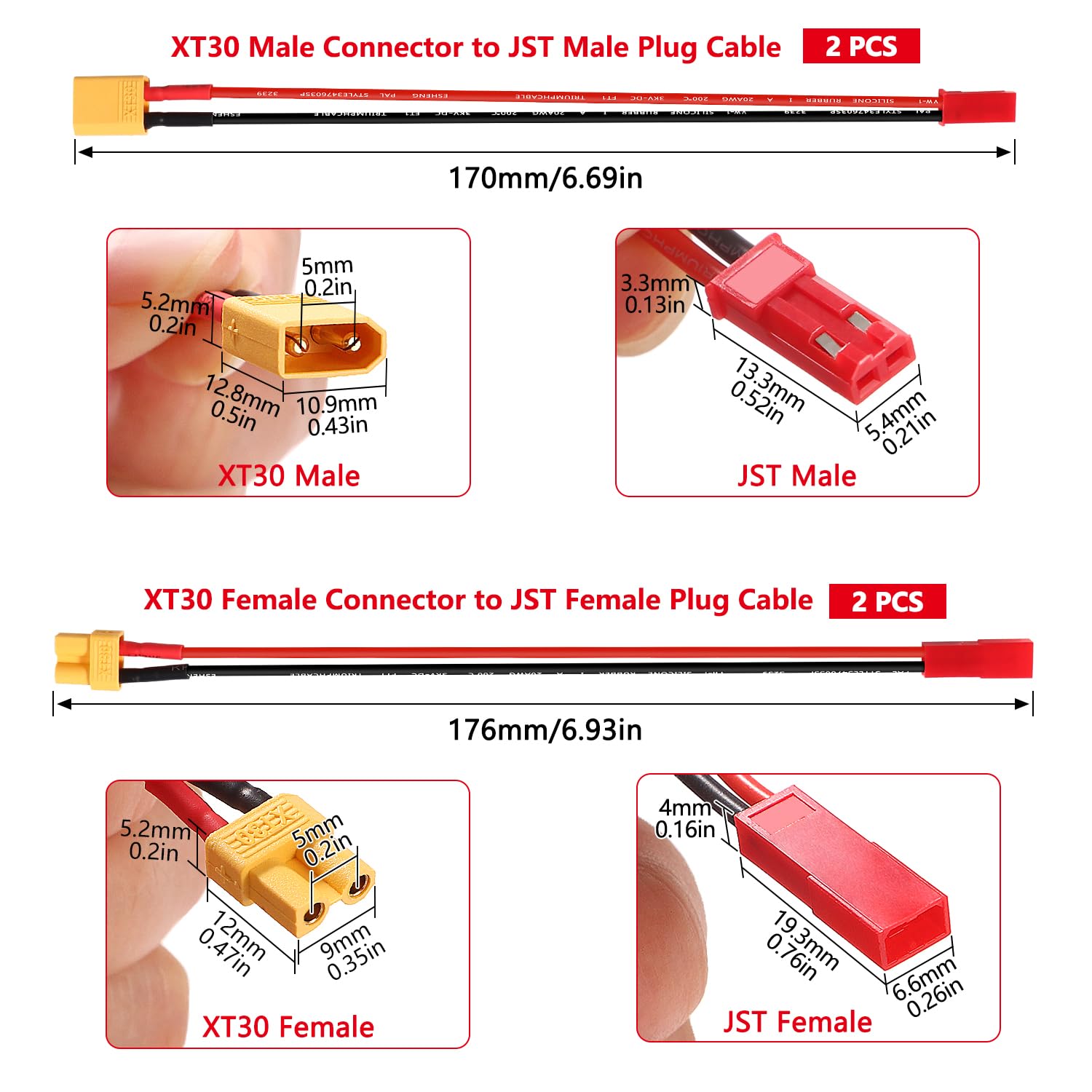 YIXISI 4 Piezas XT30 a JST Cable de Adaptador, JST Conector a XT30 Conector con Cable de Silicona 15cm 20AWG, para Vehículos RC y Baterías Lipo