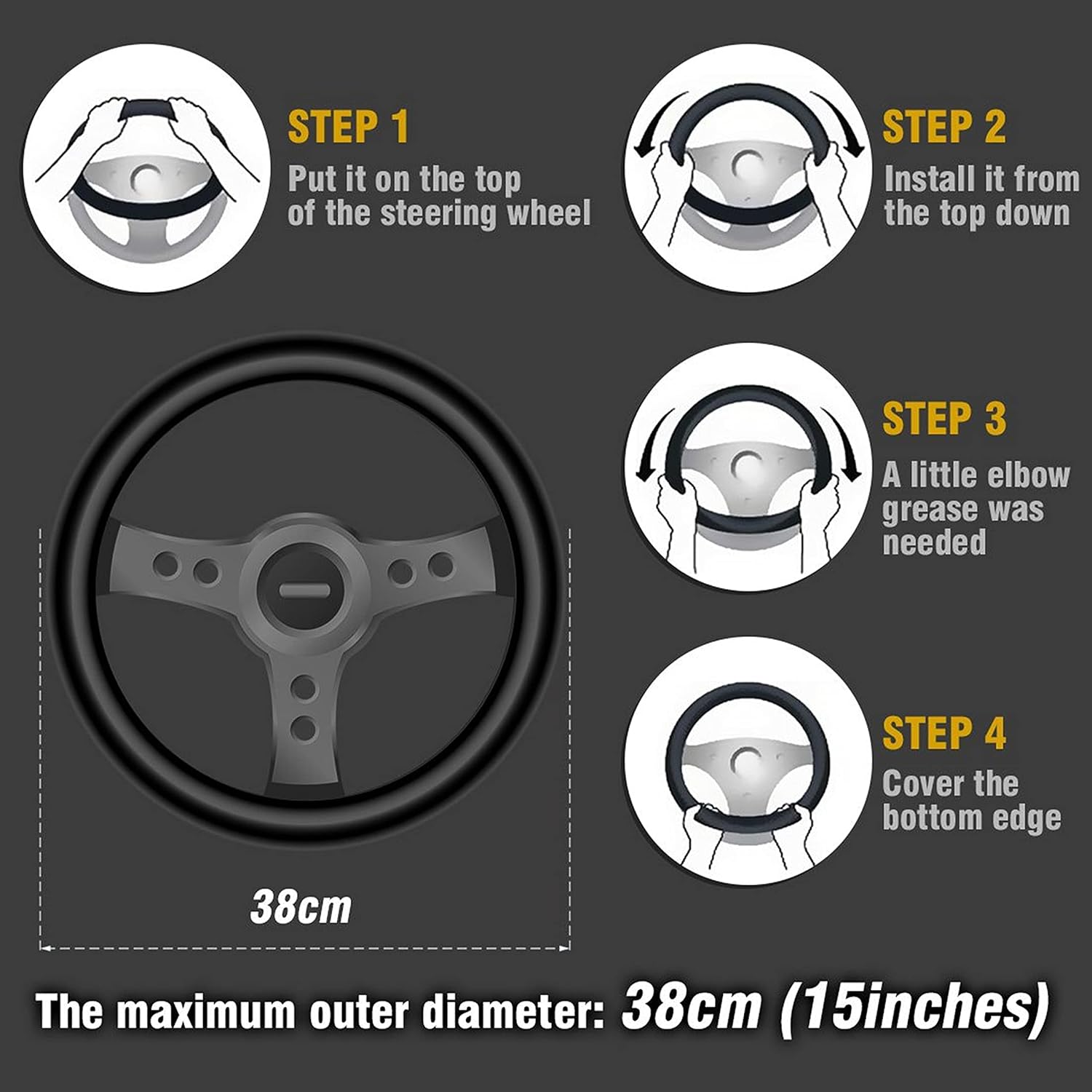 ZHOL Steering Wheel Cover, Universal 15 inch Microfiber Leather Ice Silk Anti-Slip Car Wheel Protector, Black
