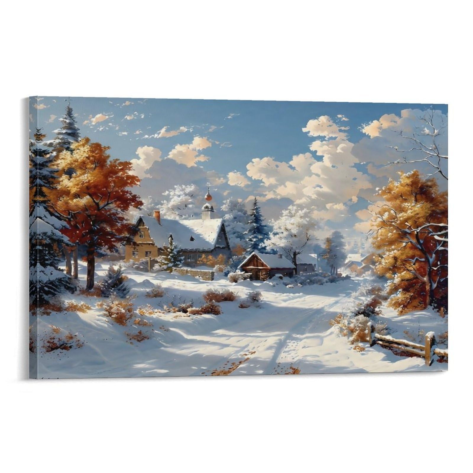 CPLVKWRQJ Winter Village Scene Individual Sunny Snowy Landscape Scene Canvas Wall Hanging - Office Wall Focal Art Fade Resistant Statement Piece Decor 20x30inch(50x75cm)