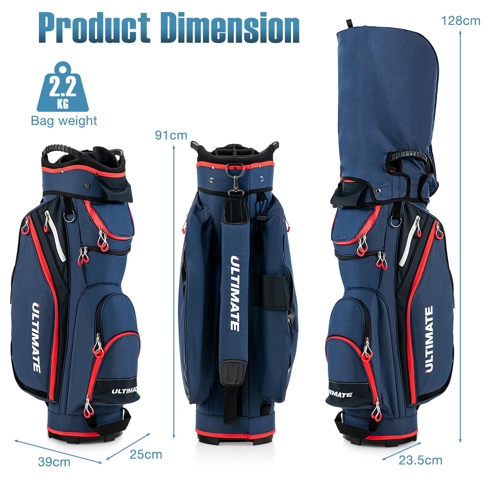 LIFEZEAL Sac Trépied Golf avec Double Sangle, Housse de Pluie, 14 Compartiments et 8 Poches, Sac de Club de Golf Voyage avec Sac Thermique à Fermeture