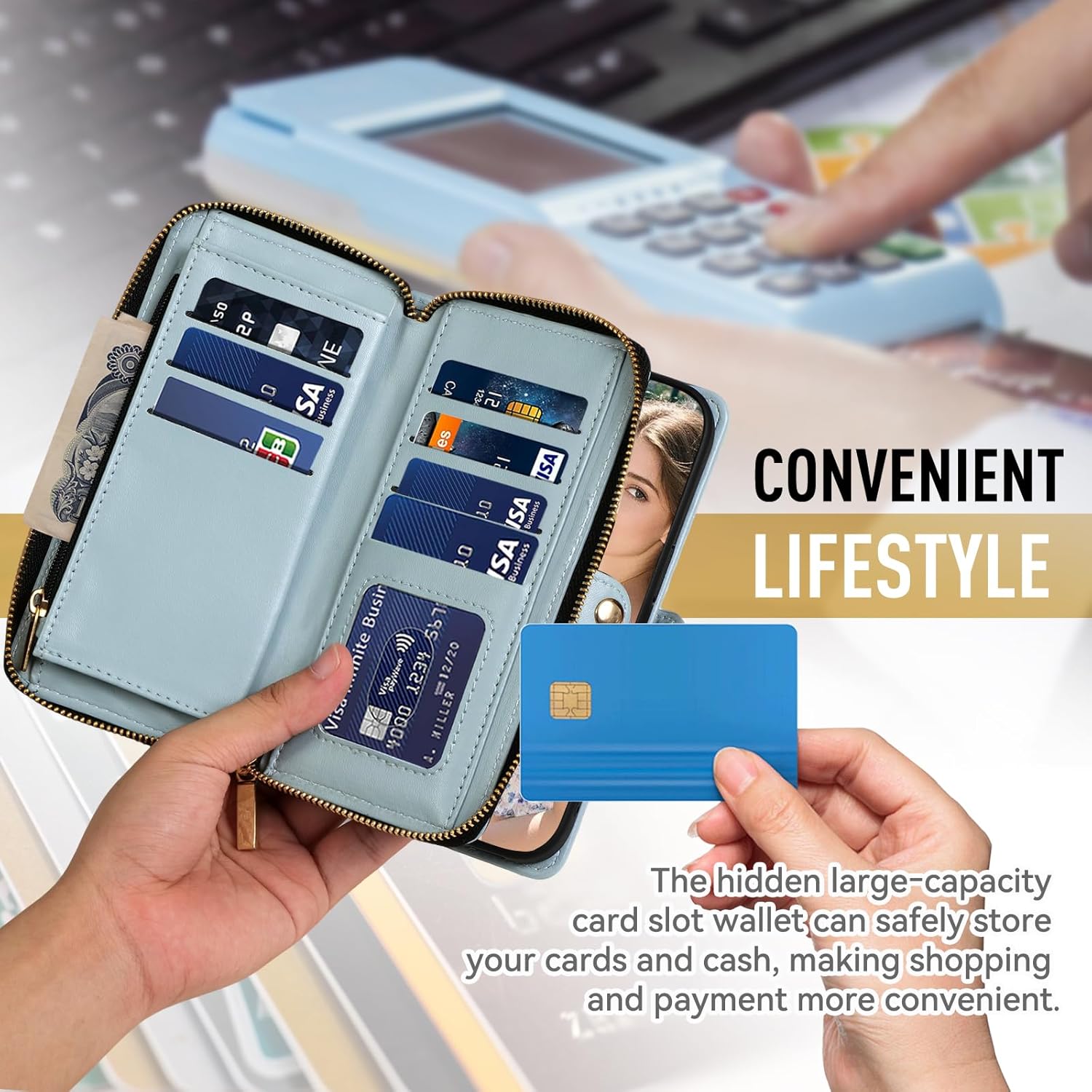 Rssviss Crossbody Case for iPhone 17 Pro Case Wallet, RFID Blocking Leather with Card Holder Kickstand, Handbag Zipper Flip Cover with Wrist Strap for iPhone 17 Pro Men Women 6.3", Blue - Image 4