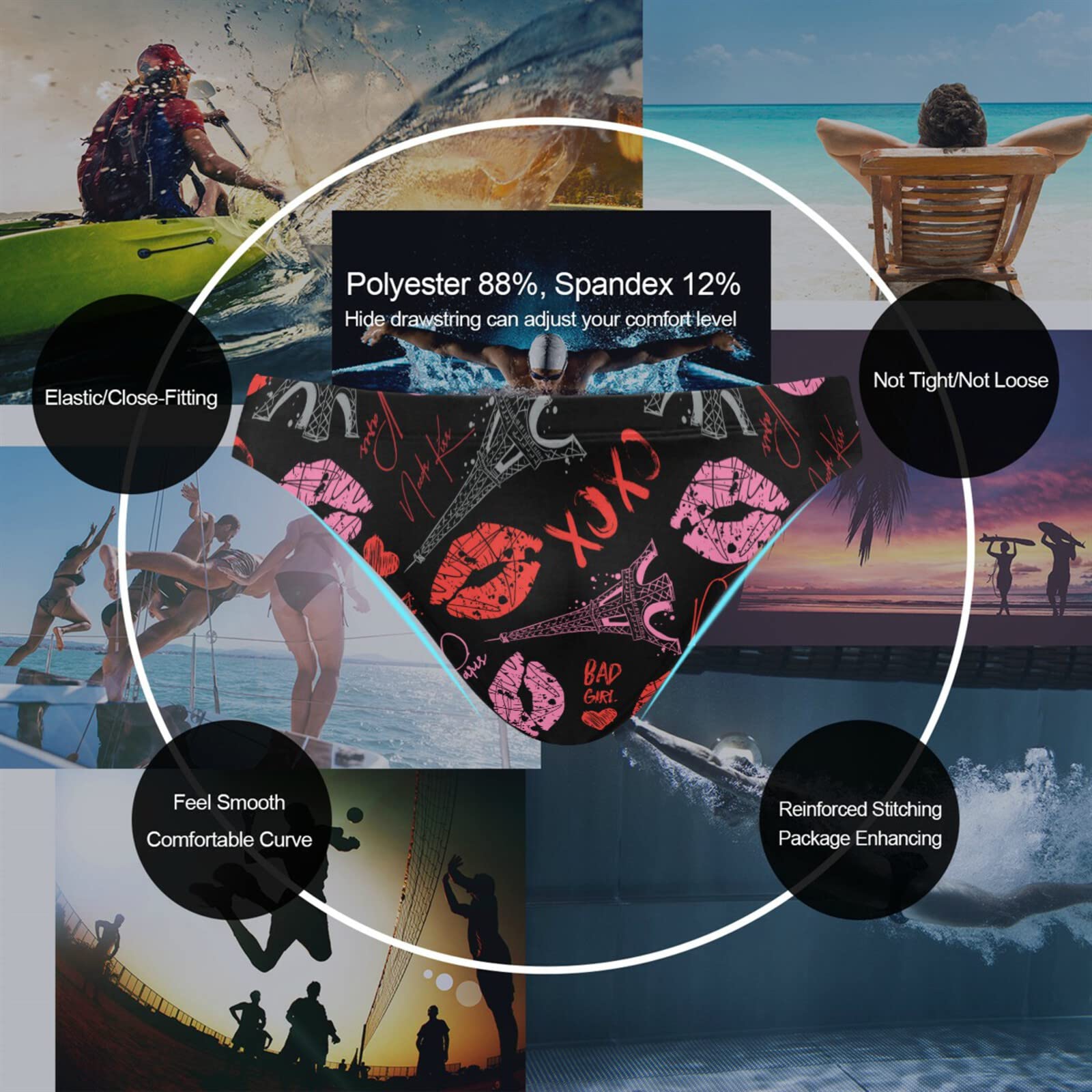 Dallonan Men Swim Brief Bikini Red and Black Lips Hearts Beach Bikini for Mens Swim Underwear 3XL Big Man