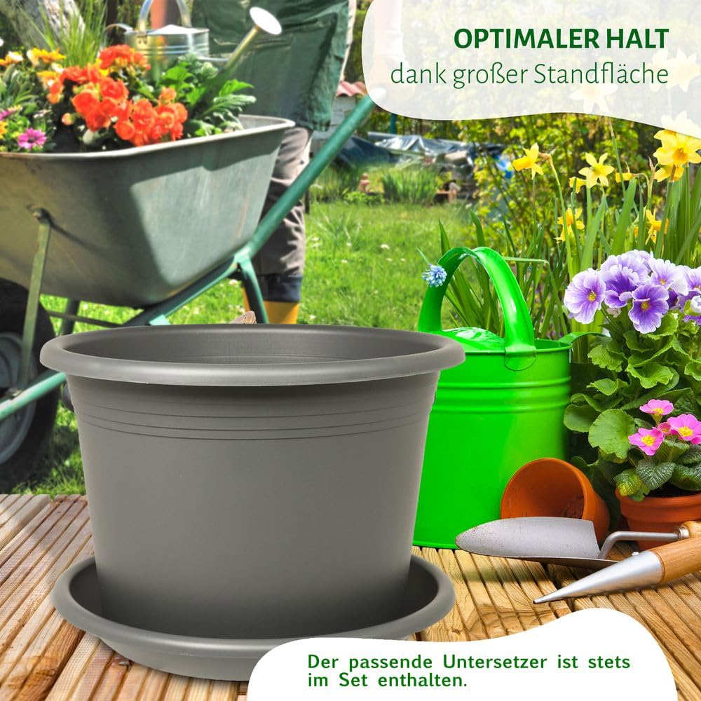 MePla 3 x Set Blumentopf Cylindro ø60cm + Untersetzer ø58cm Anthrazit, wetterfest aus UV-beständigem Kunststoff