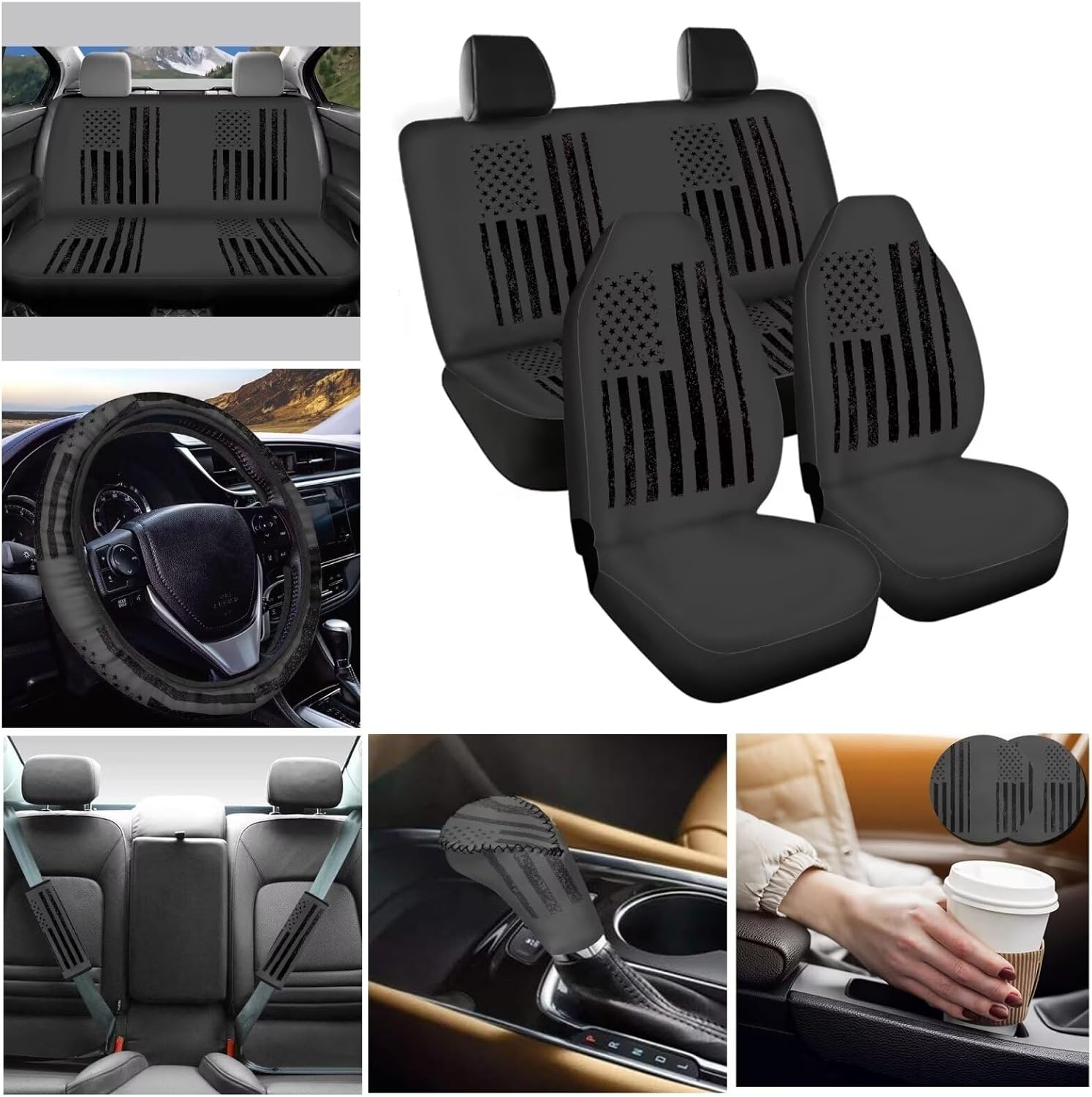 Yewattles American Flag Car Interior Accessories Sets 11 Pcs, All Weather SUV Seat Cover Front Rear, Steer Wheel Cover, PU Leather Car Cup Holder Coaster Hand Brake Cover Gear Shift Handle