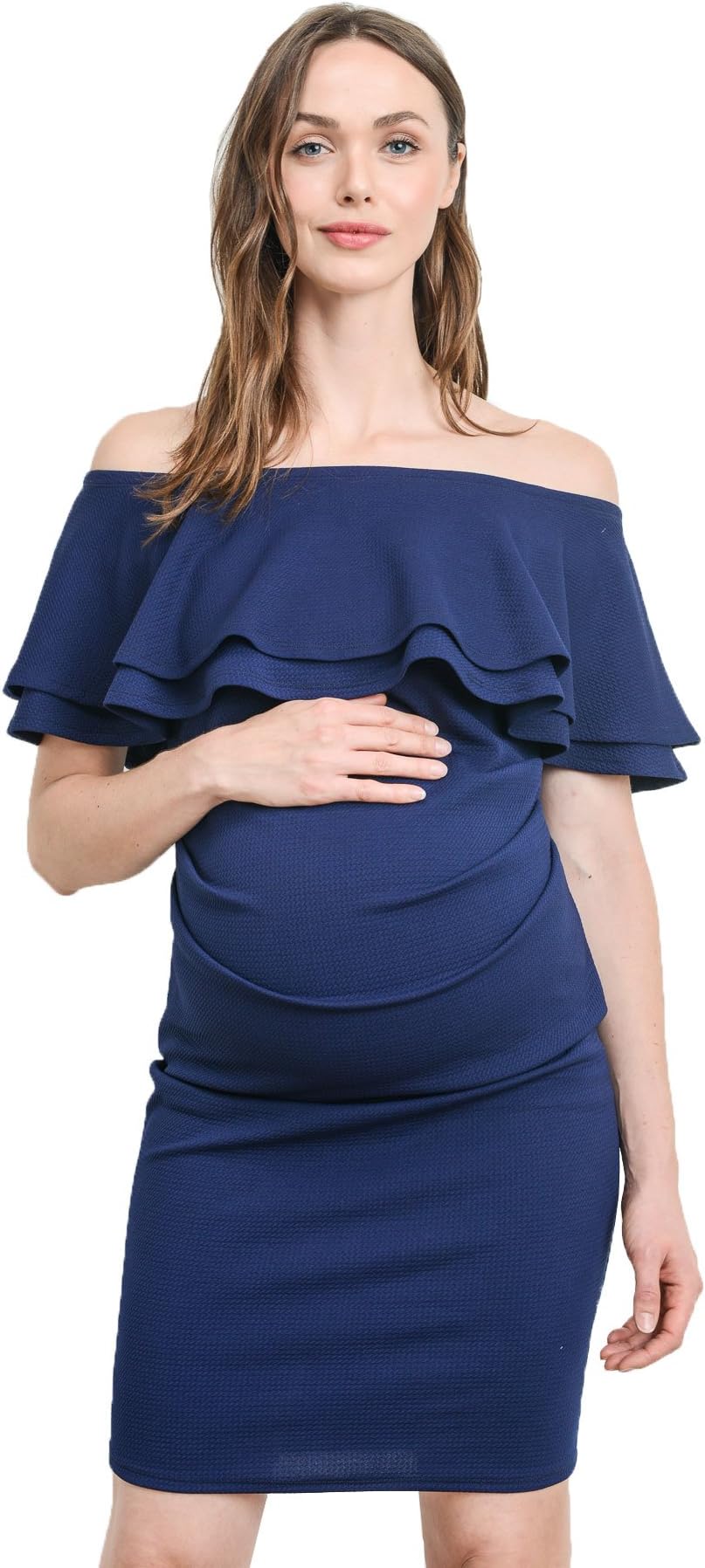 LaClef Women's Off Shoulder Maternity Dress with Double Ruffle