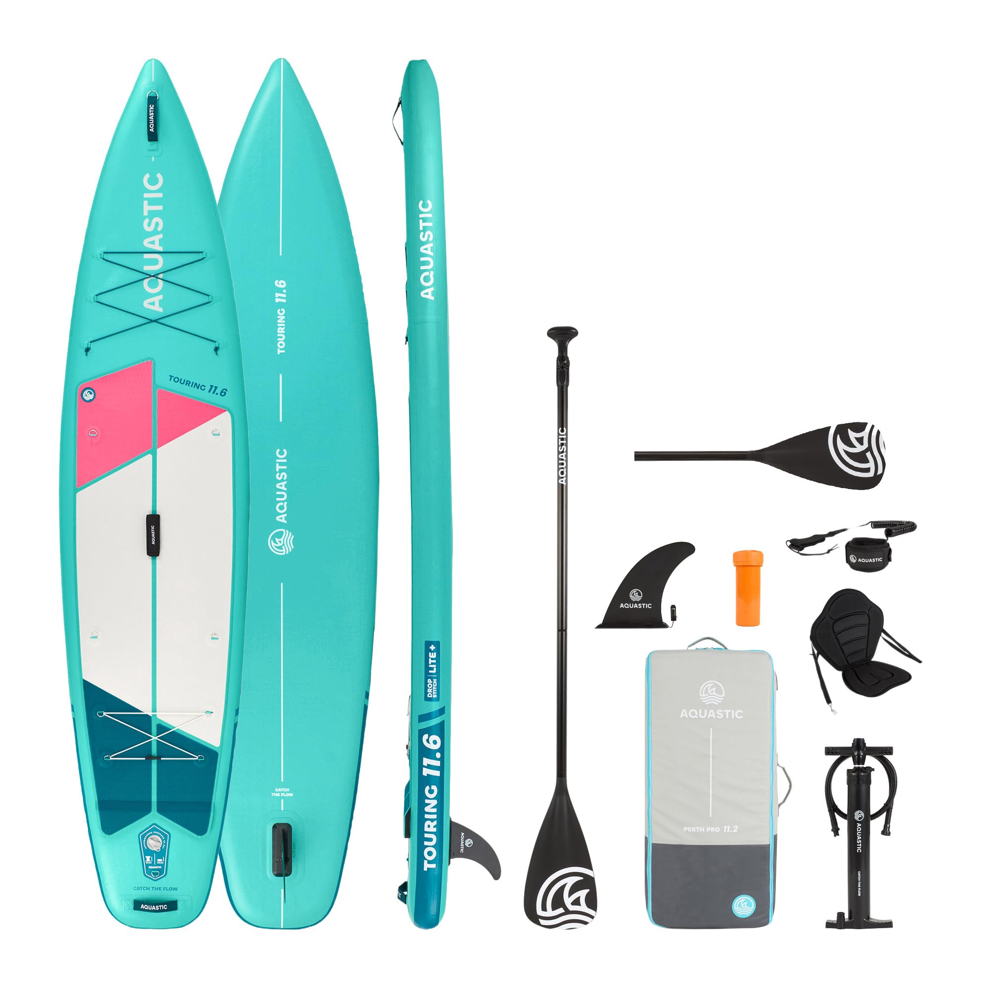 AQUASTIC Touring nadmuchiwana deska SUP 350 x 79 x 15 cm, maksymalne obciążenie 130 kg, pierścienie D do siedzenia kajakiem | 350 x 79 x 15 cm, 330 l, do 130 kg, z siedziskiem kajakowym, wiosłem 2 w 1, pompką i plecakiem