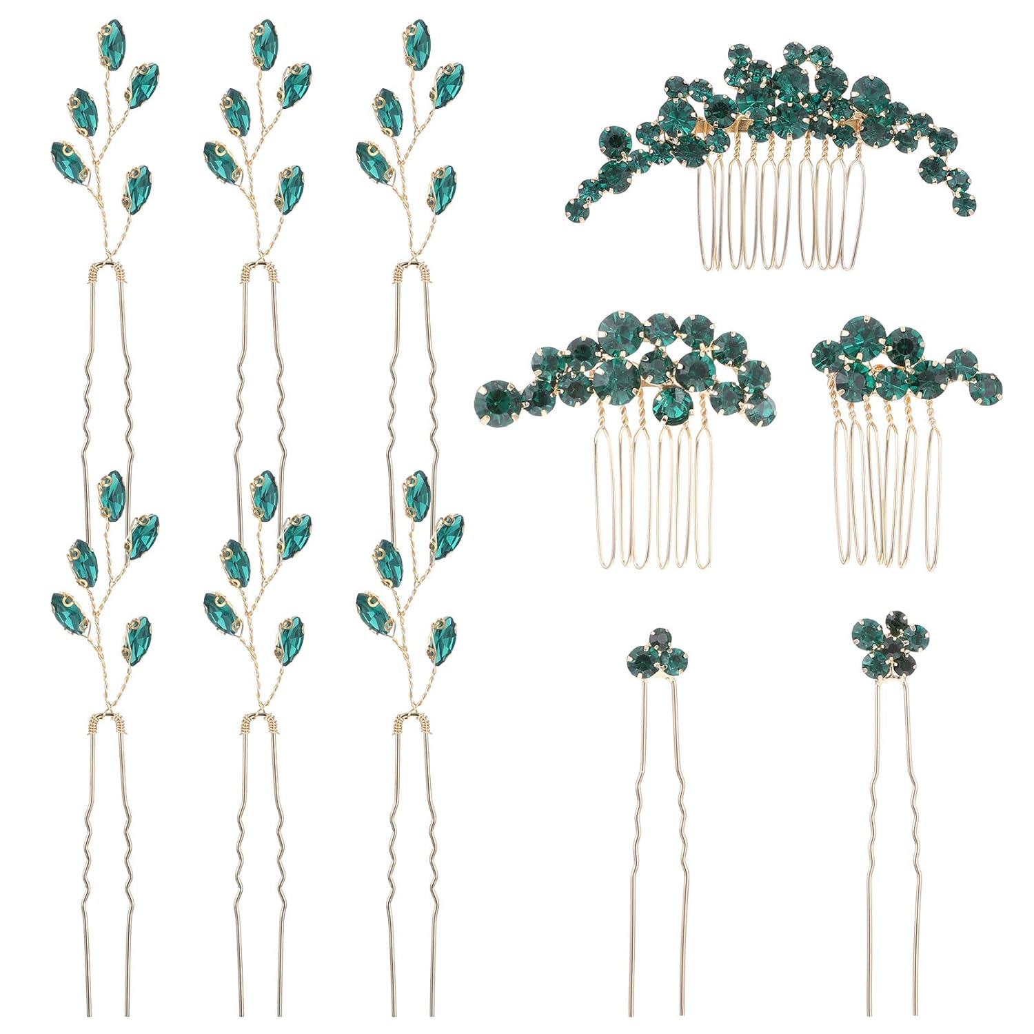 11 Pcs Vintage Emerald Green Headpieces Green Crystal Wedding Hair Pins Bridal Hair Pins Hair Piece U-shaped Hair Pins Wedding Bridal Rhinestone Hair Side Combs Hair Accessories for Brides Women Girls