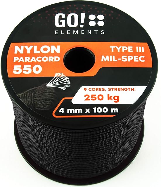 GO!elements 100m Paracord made of Nylon Rope - 4mm Paracord 550 Type III - suitable as Drawstring Cord, Washing Line Rope, etc. | Max. 250kg, Color:Black