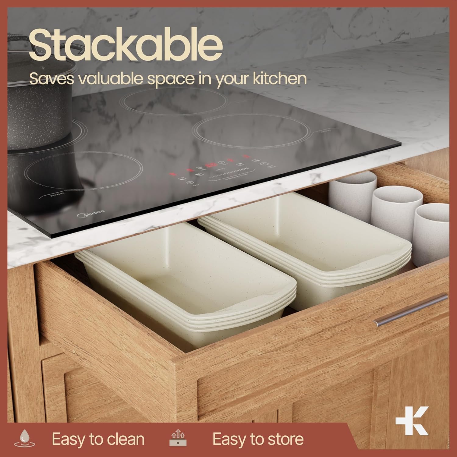 Nonstick Loaf Pan Set Pack of 2, 10.2" & 11" Large Baking Bread Pan, Oven Safe Up to 450°F, PFOA, PFOS, PTFE Free, Space Saving Stackable Design, Stain Resistant, Dishwasher Friendly, White Marble - Image 7