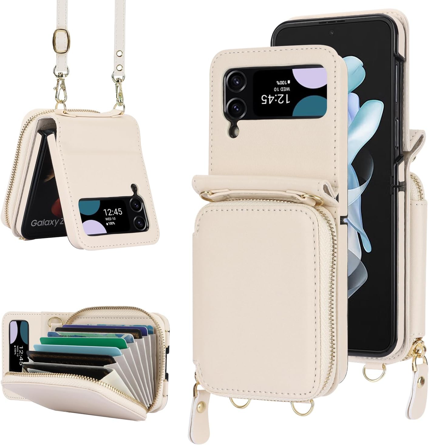 Asuwish Phone Case for Samsung Galaxy Z Flip 4 5G 2022 Wallet Cover with Credit Card Holder Zipper Slot Shoulder Crossbody Strap Lanyard RFID Blocking Cell Purse ZFlip4 Z4 Flip4 4Z Women Girls Black