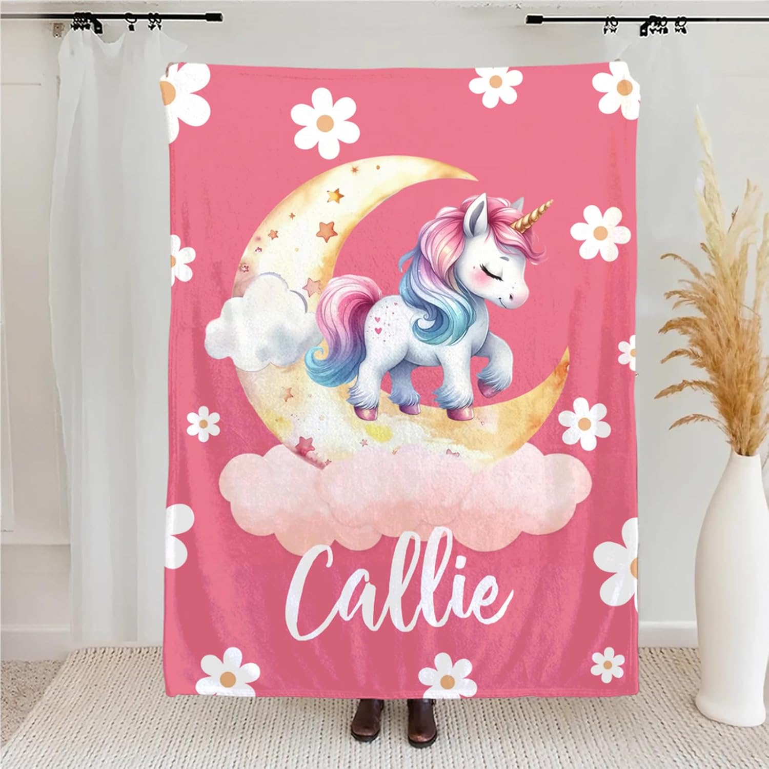 CALLIE Personalized Throw Blanket with Name, Cute Animals Cloud Moon Fleece Sherpa Blanket, Soft Throw Blanket for Couch Bed Home Decor, Christmas Birthday Gifts for Kids Family