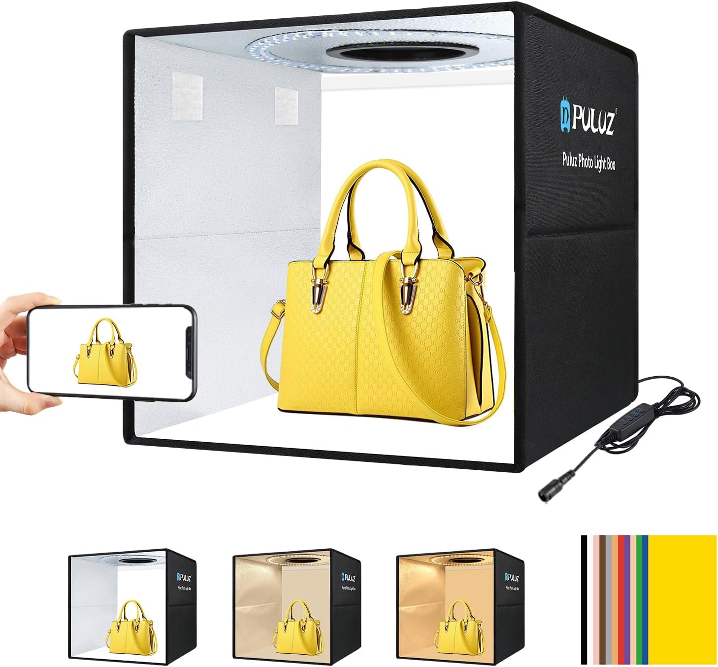 16"×16" Professional Photo Studio Light Box,PULUZ Portable Foldable Light Box Photography,Tri-Color Dimmable Photo Box Kit with 160 LED Lights & 6 Backdrops (12 Colors) for Product Photography