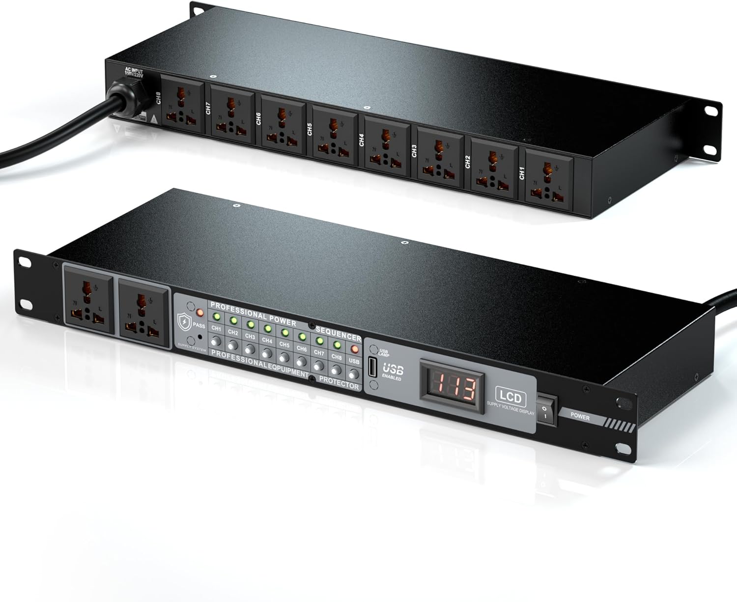 10 Outlet Power Conditioner, 3000W 1U Rack Mount Power Sequencer Conditioner for Audio Equipment Home Theater Sound System, 8 Independent Switches, Surge Protector