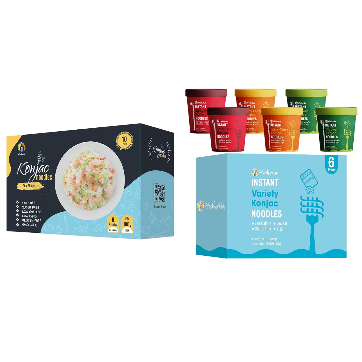Hethstia Konjac Rice & Pho Noodle Soup Variety Pack, Low-Carb Shirataki Rice & Pre-Cooked Pho Cups (Chicken, Spicy Curry, Spicy Beef), Keto, Vegan, Gluten-Free, Sugar-Free, Healthy Quick Meal