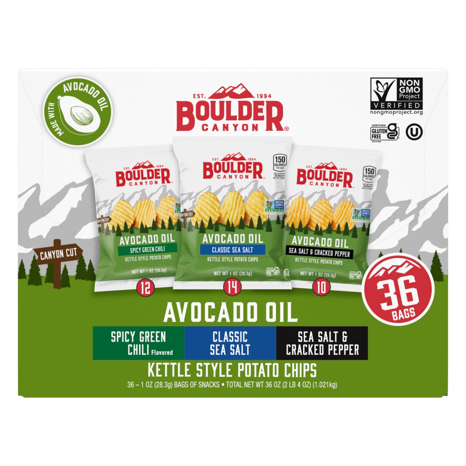 Boulder Canyon Avocado Oil Kettle Style Potato Chips, Variety Pack, 1 oz, 36 ct | 3 flavors thumbnail 2