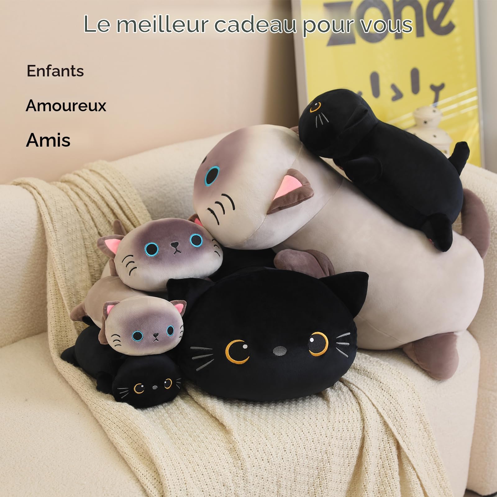 SQEQE Animaux en peluche lestés en forme de chat noir, oreiller en peluche doux lesté, jouet en peluche mignon pour enfants et adultes, 35 cm
