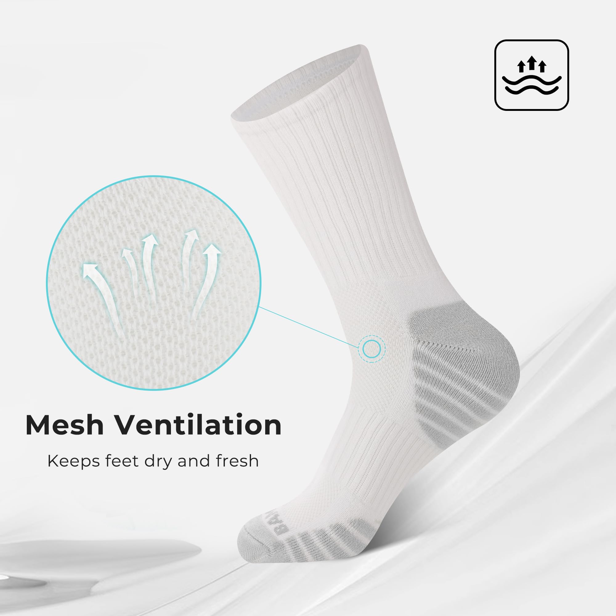 BAMBOO COOL Men's Crew Socks Athletic Running Sports Socks, Cushioned Moisture Wicking, Breathable Arch Support 6 Pack: White*6 Large