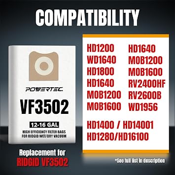 POWERTEC 23743 VF3502 Size A Shop Vacuum Bags for Ridgid 6 Pack, 12-16 Gal. Vacuum Bags for Ridgid HD1200, HD1400 Wet Dry Vac (75002P3)