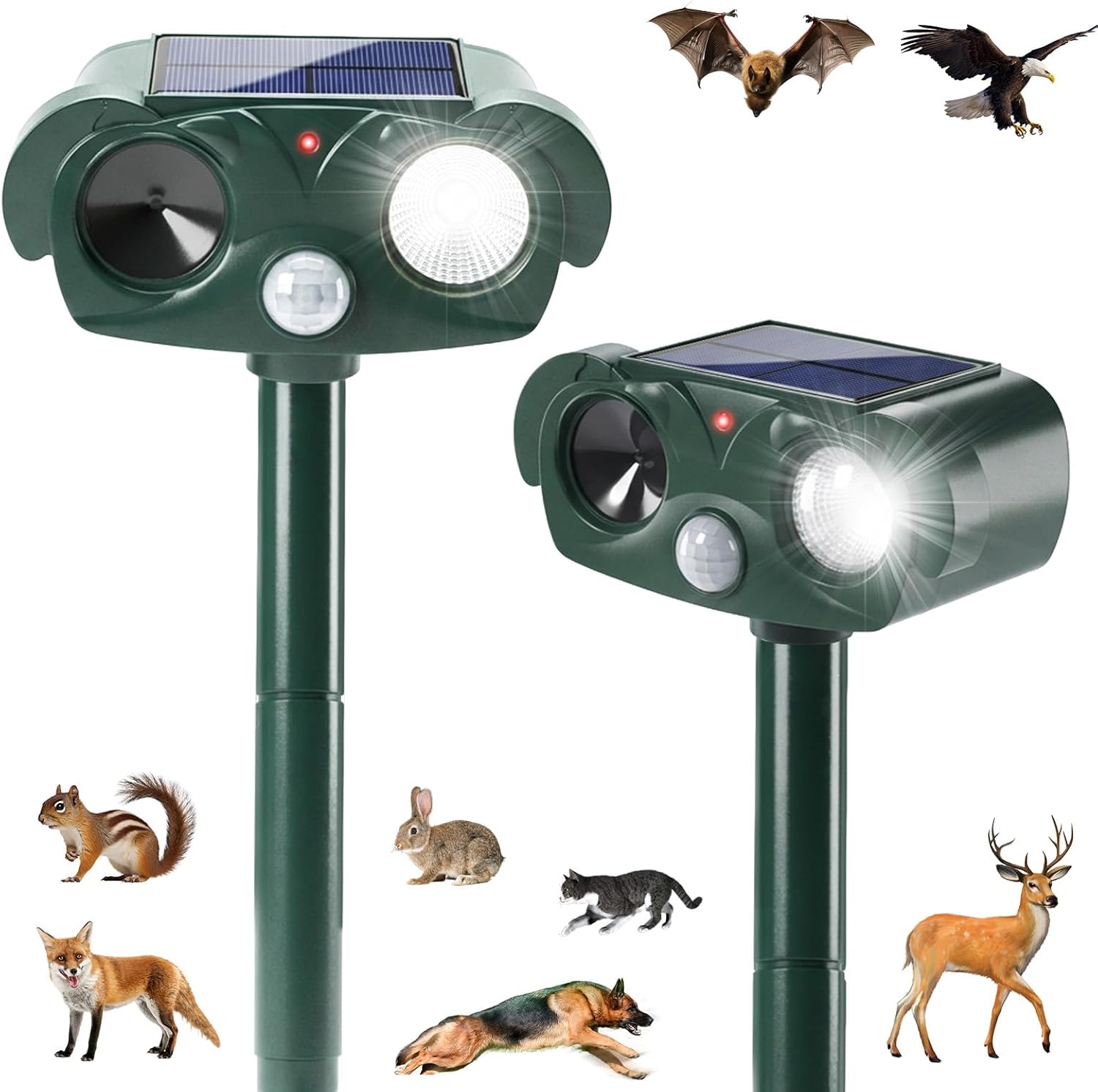 2 Pack Solar Animal Repellent Outdoor,USB Rechargeable Cat Repellent Outdoor &Deer Repellent Devices Coyote Skunk Raccoon Fox Deterrents Light Animal Repeller with Motion Sensor for Yard Garden