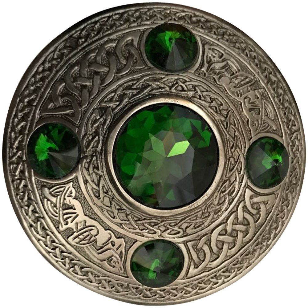 Men's Celtic Kilt Fly Plaid Brooch with 5 Stones 4"/ Scottish/Highland Kilt Brooches (Green)