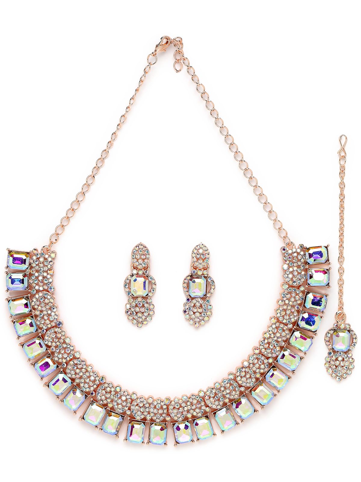 Sukkhi Striking Rose Gold Plated Rainbow Stones Collar Bone Necklace Set With Earring And Maangtika | Jewellery Set For Women (NS105697) (B0CBBF96RN) Amazon Price History, Amazon Price Tracker
