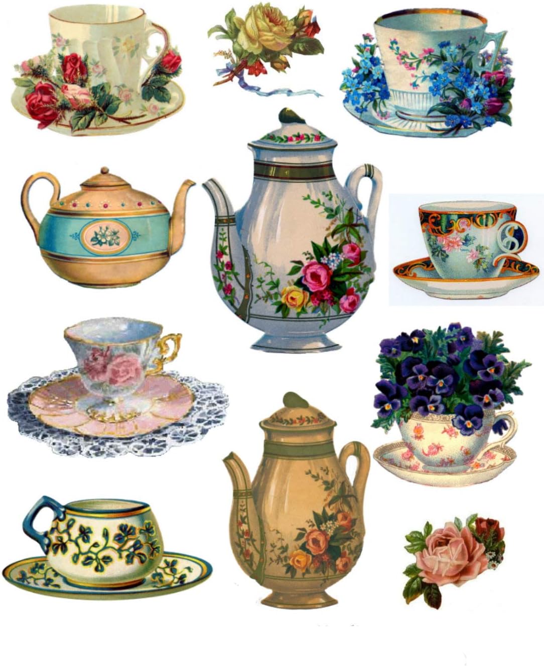 Victorian Teapot and Teacups with Flowers Collage Sheet