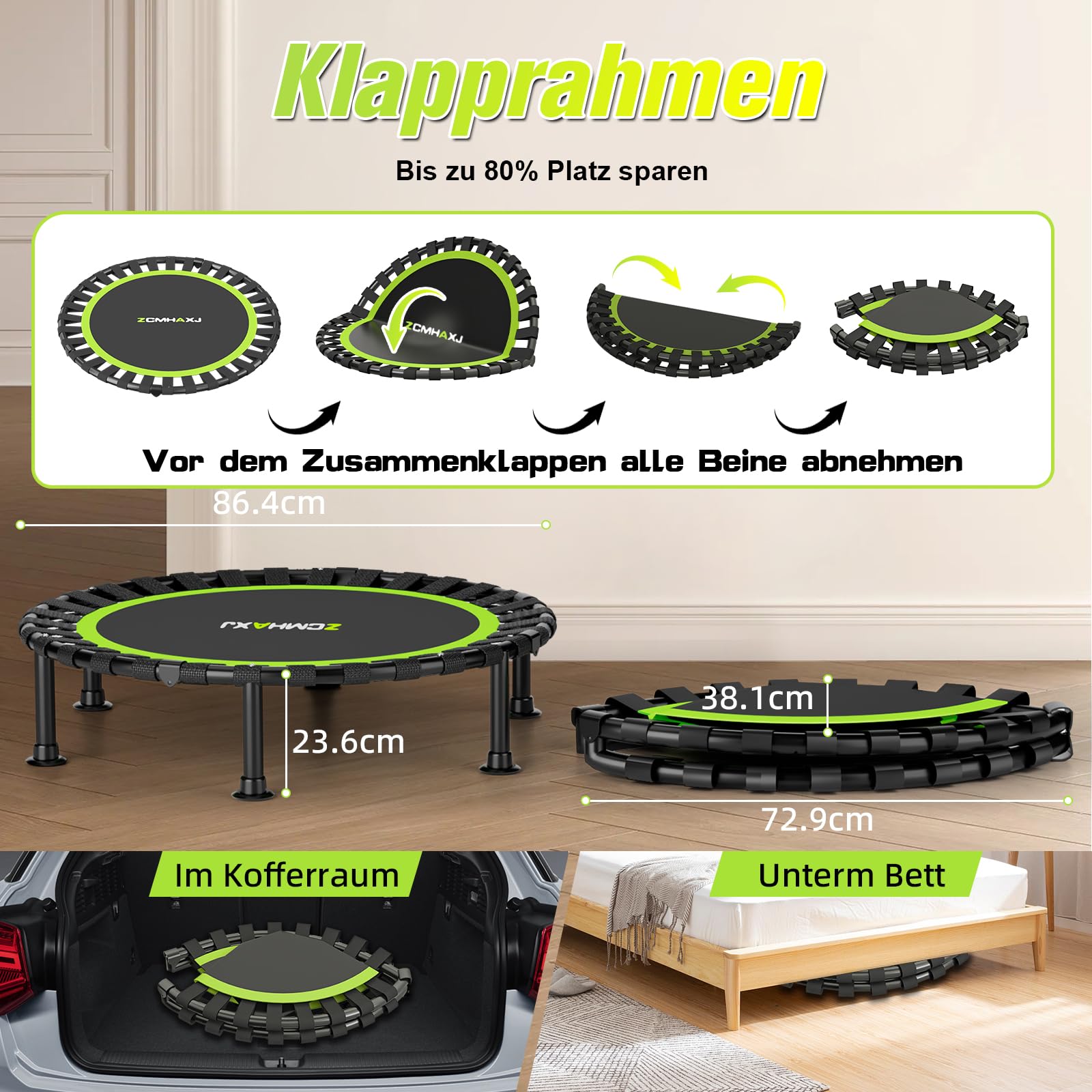 ZCMHAXJ Faltbares Mini-Trampolin, 101,6 cm, Rebounder-Trampolin für Erwachsene und Kinder, 204 kg Kapazität mit/ohne U/T-Form, verstellbare Stange, Indoor-Fitness-Workout-Übungsgerät
