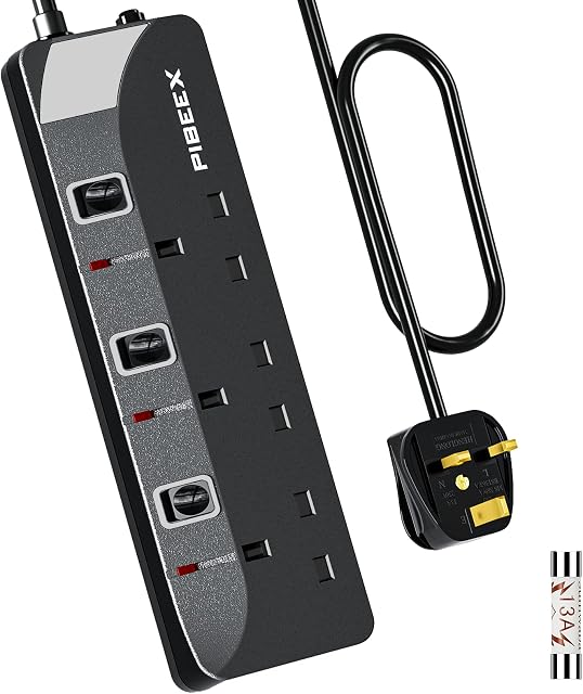 PIBEEX Extension Lead 3 Way Plug Sockets with Individual Switches Wall Mountable Power Strip 1.5M Extension Cable 13A Fused UK Plug 3250W