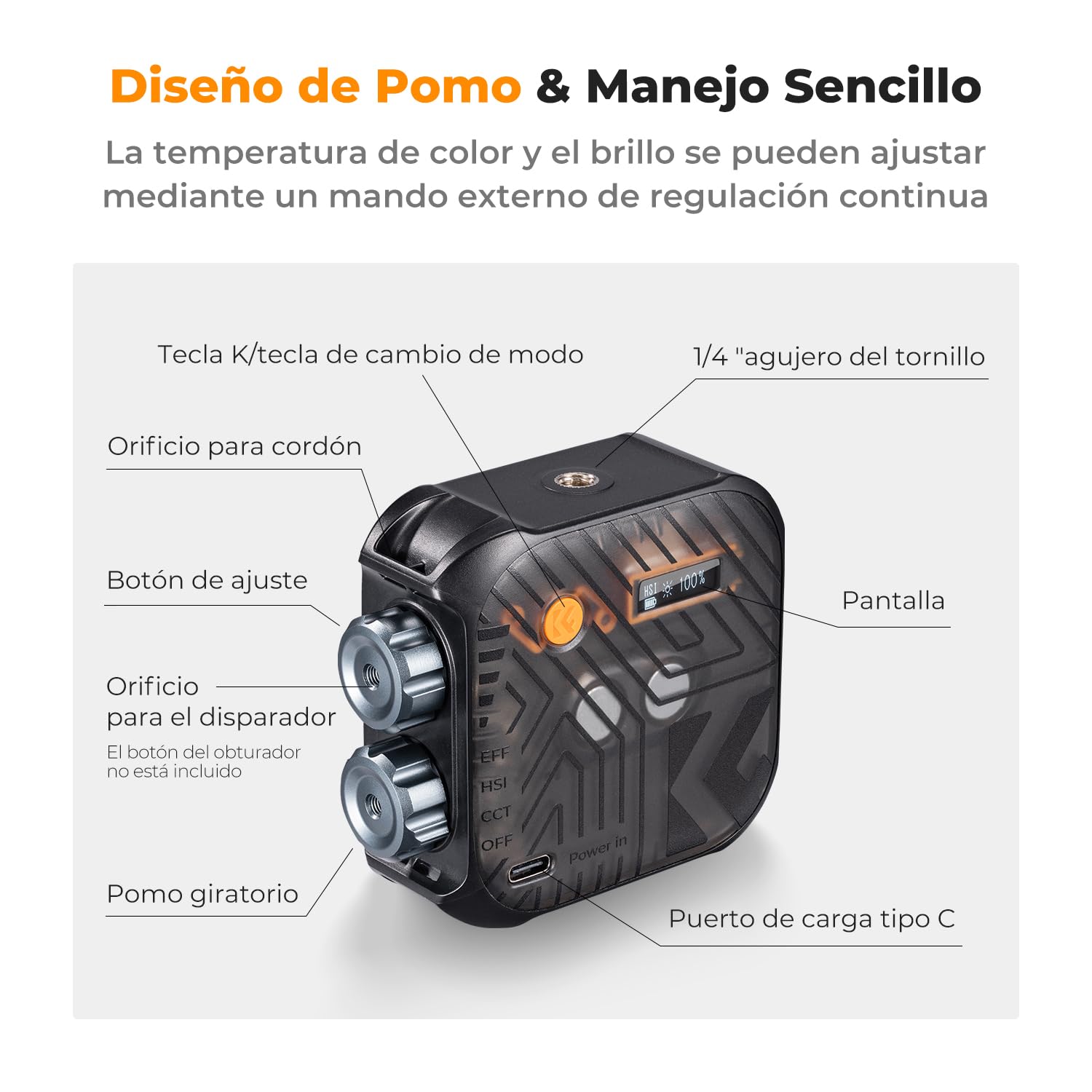 K&F CONCEPT Luz de Vídeo RGB 360° 2500K-9900K para Fotografía | 60 LED, 21 efectos luz, CRI 96+, batería 2000mAh, mini portable, vlogging selfie, negro, L01