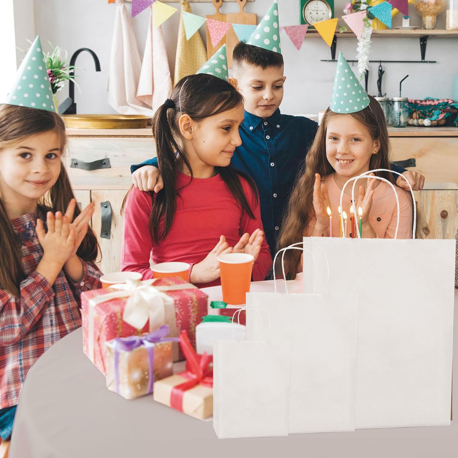 FACEBAG Weiße Kraftpapiertüten mit Griffen, verschiedene Größen, Geschenktüten für Gastgeschenke, Einzelhandel, Party, Festival, Hochzeit, Geburtstag, Shopping, Geschäft, Goody Craft Merchandise Take