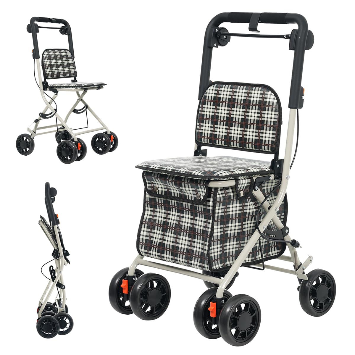 【新品】3wayキャスター 大容量 座れる歩行車 ベージュチェック Amazon | Simpolu シルバーカー 3WAYキャスター 折りたたみ可能