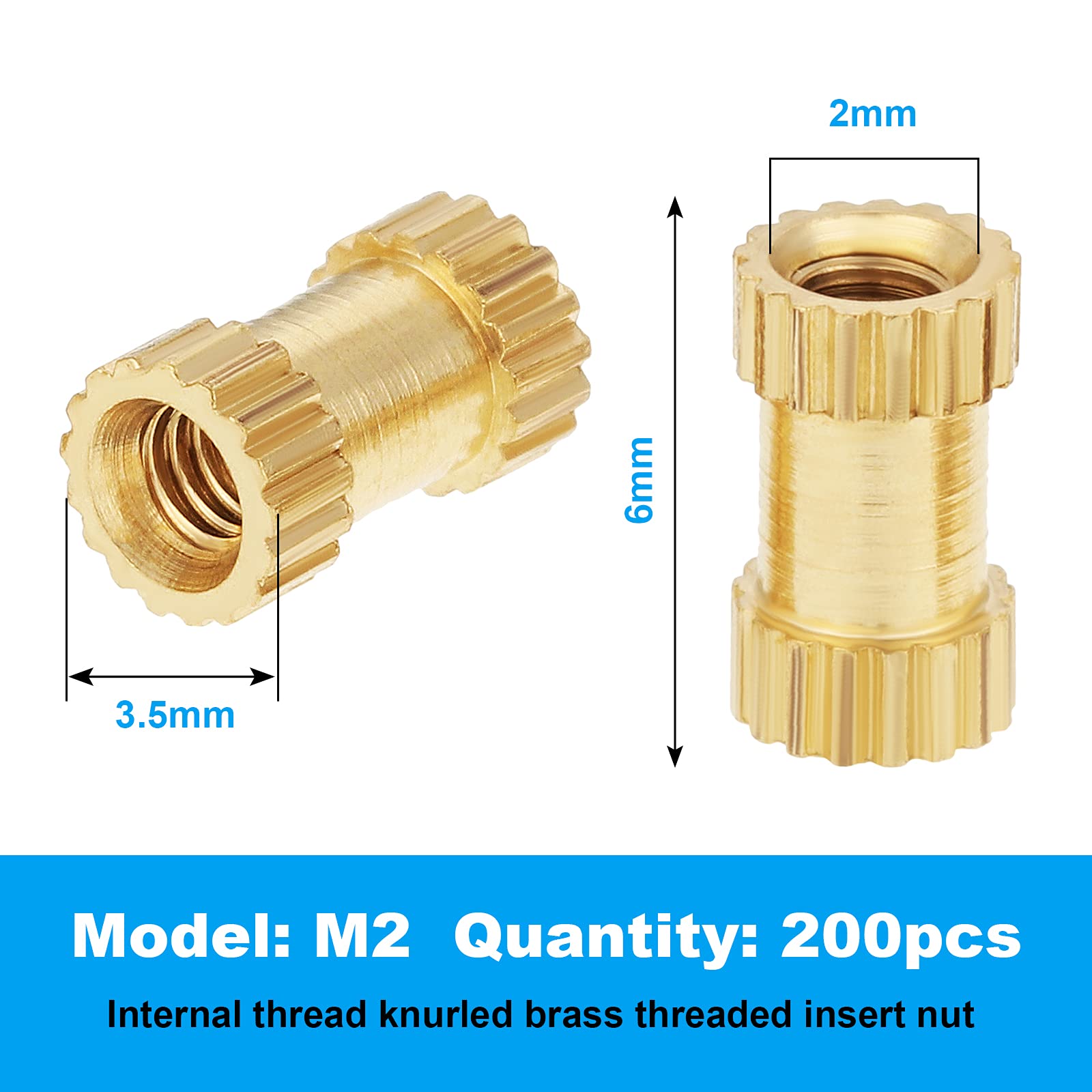 sourcingmap® M2x 3mmx3.5mm Insert fileté femelle en laiton