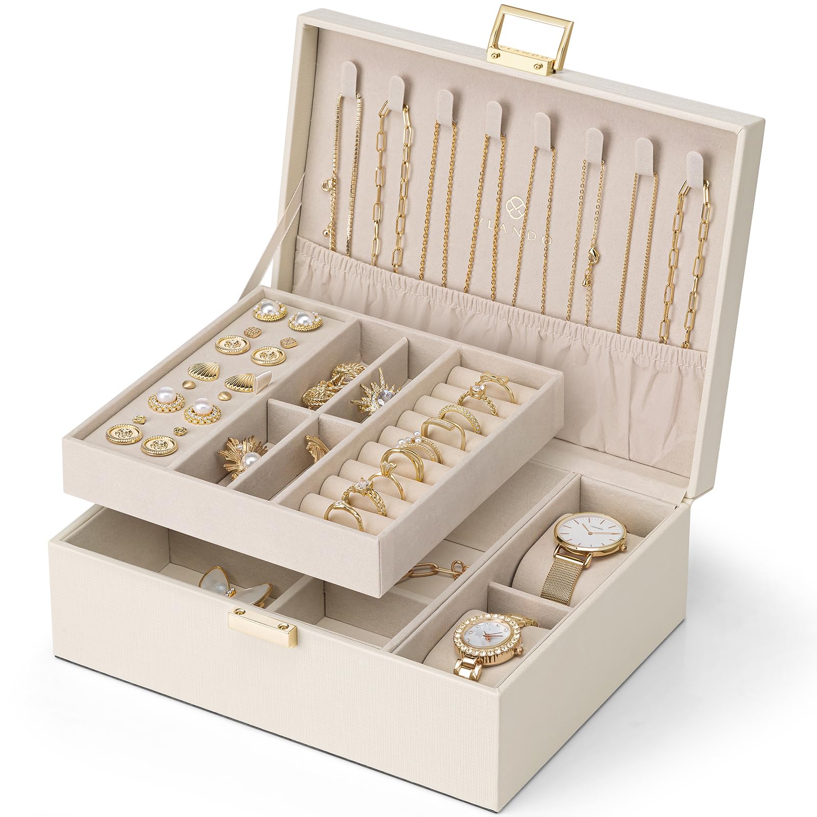 Vlando 2 Layer Jewelry Box Large Jewelry Organizer for Women Removable Jewelery Tray with Watch Pillow for Necklace Earrings Rings Bracelets Jewelry Boxes for Mother‘s Day Gifts (White) Cream White